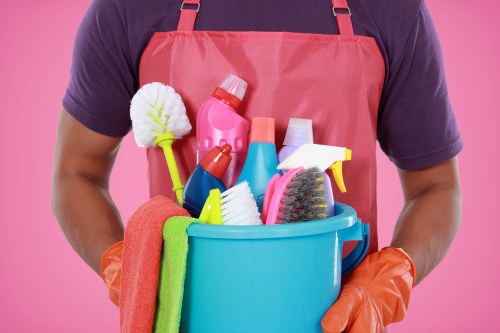 Deep cleaning supplies and organized home cleaning setup