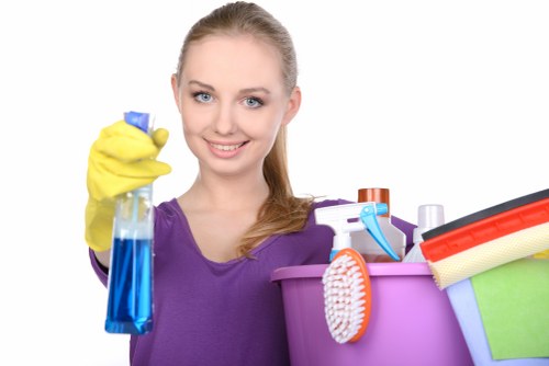 Bathroom deep cleaning with organized supplies